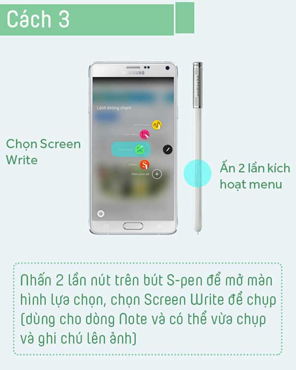 Nhấn 2 lần trên bút S-pen để kích hoạt menu tùy chọn cũng là một cách để chụp lại màn hình trên Samsung