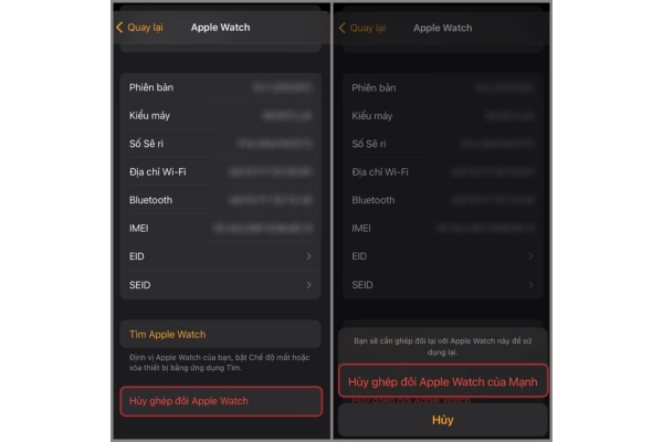 cách huỷ ghép đôi apple watch 2