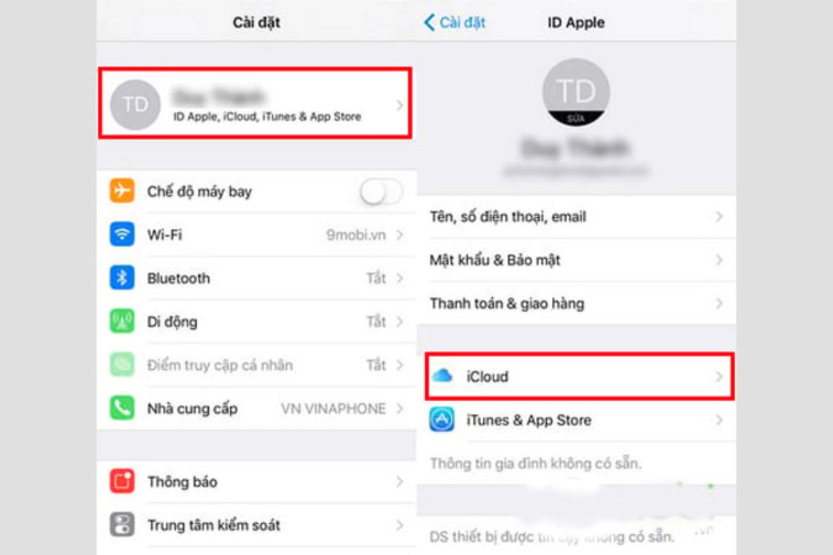 Chọn tài khoản người dùng trong Cài đặt