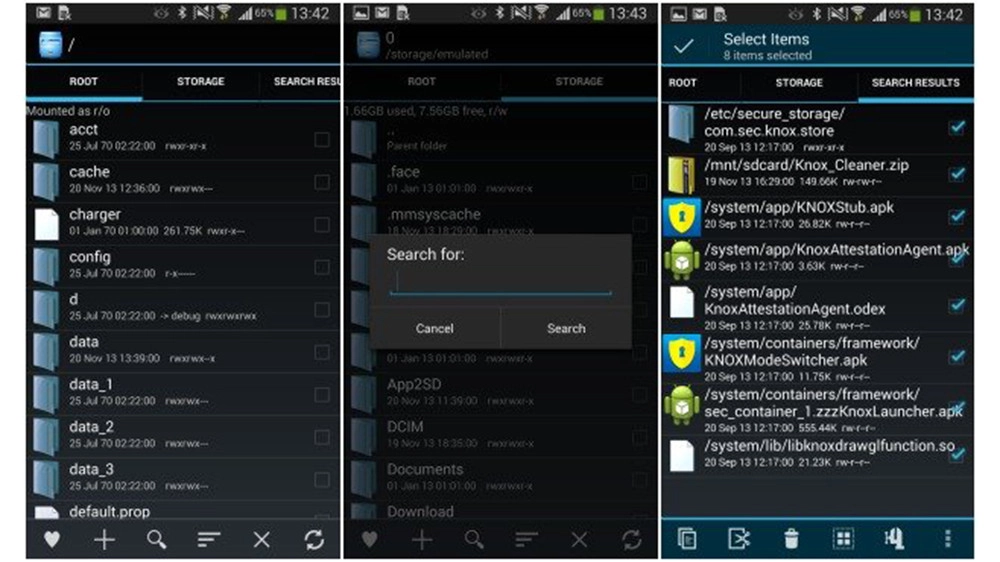 Trong Root Explorer, chỉ đơn giản là tìm kiếm và xóa tất cả các tập tin liên kết với Knox