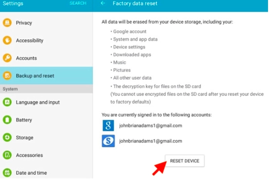 hard reset máy tính bảng 3