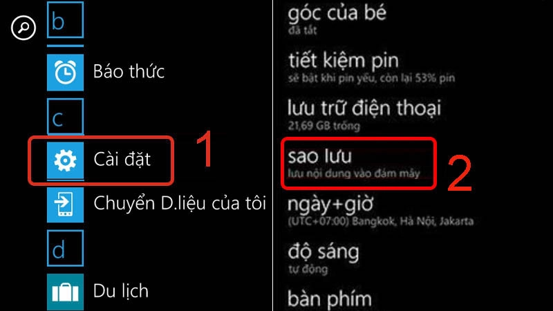 Vào cài đặt chọn sao lưu