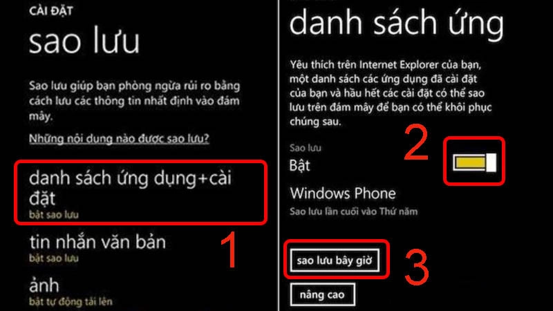 Chọn mục muốn sao lưu