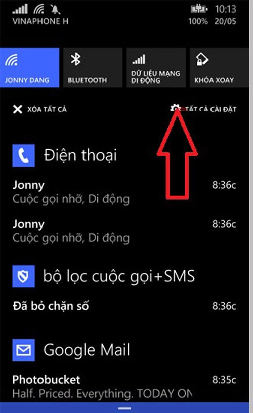 Chọn tất cả cài đặt