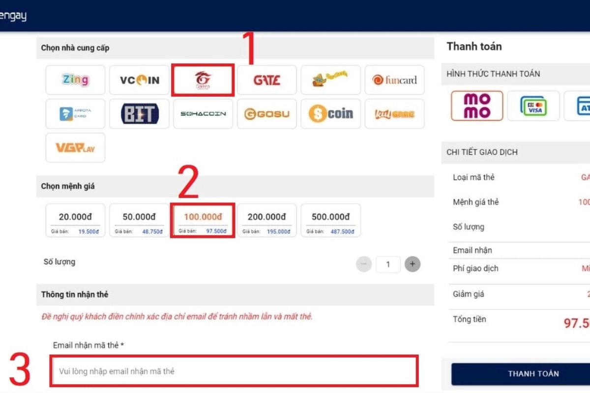 Nạp thẻ Garena qua Momo