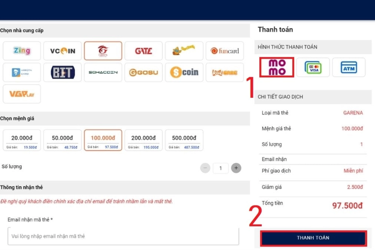  Xác nhận thông tin nạp tiền, rồi bấm Thanh toán.