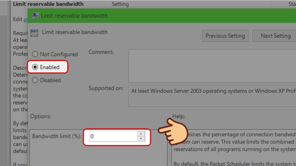 chỉnh bandwidth về 0