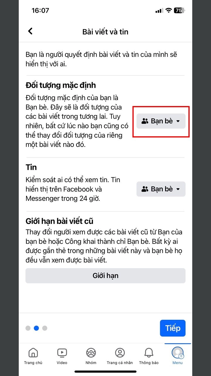 Chỉnh từ mặc định bạn bè sang chỉ mình tôi
