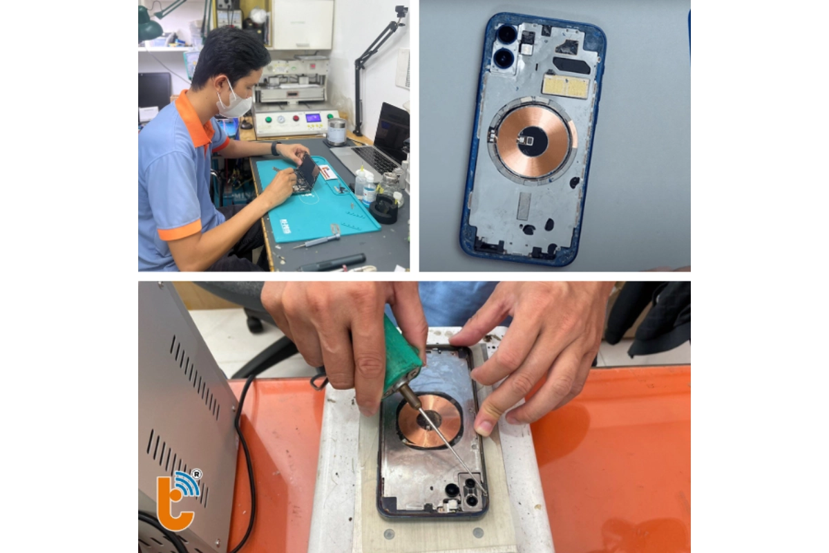 Kỹ thuật viên tiến hành tách quy trình thay mặt lưng cho iPhone 12 Mini