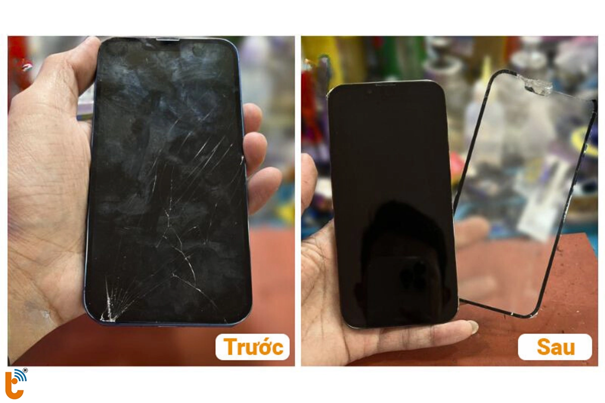 Quy trình thay mặt kính 13 pro diễn ra công khai khi khách mang máy đến Thành Trung Mobile