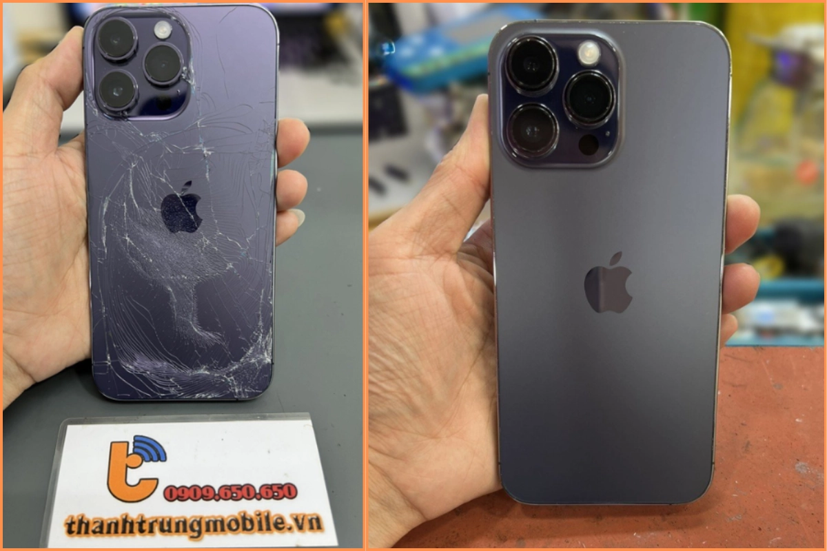 Trước và sau khi thay mặt kính lưng ip 14prm