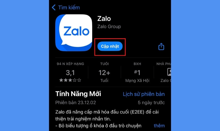 Cập nhật phiên bản Zalo mới nhất