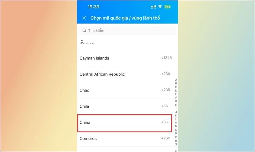 Chọn mã vùng Trung Quốc