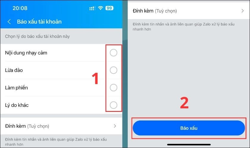Chọn vào Báo xấu