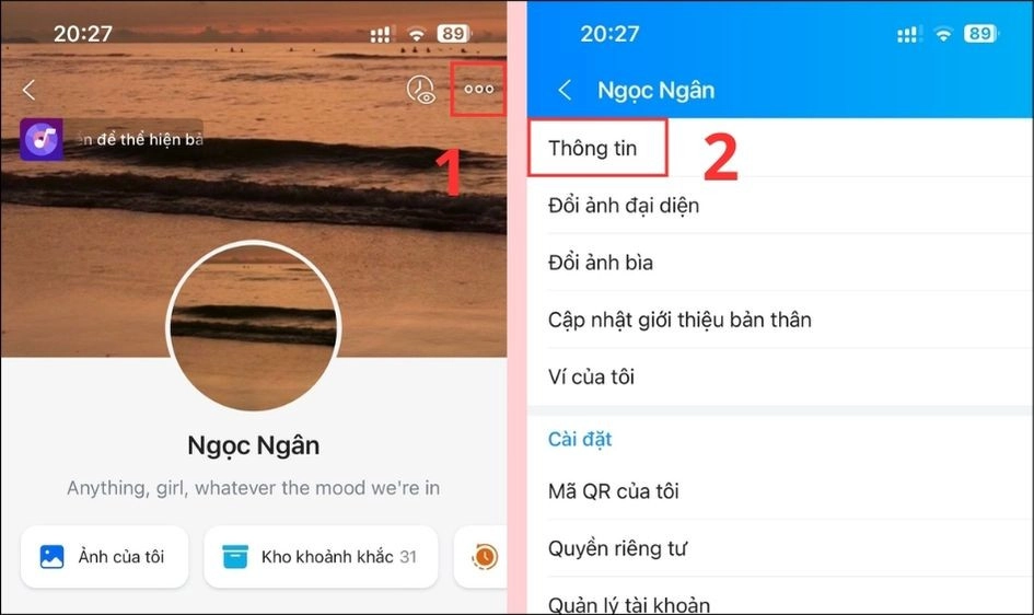 Chọn vào mục Thông tin