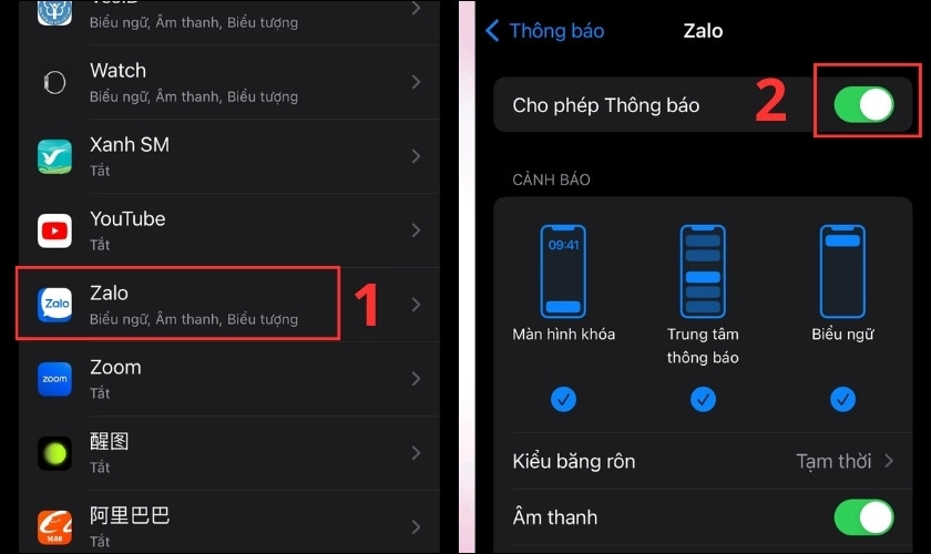 Chọn Zalo rồi chọn tiếp Cho phép thông báo