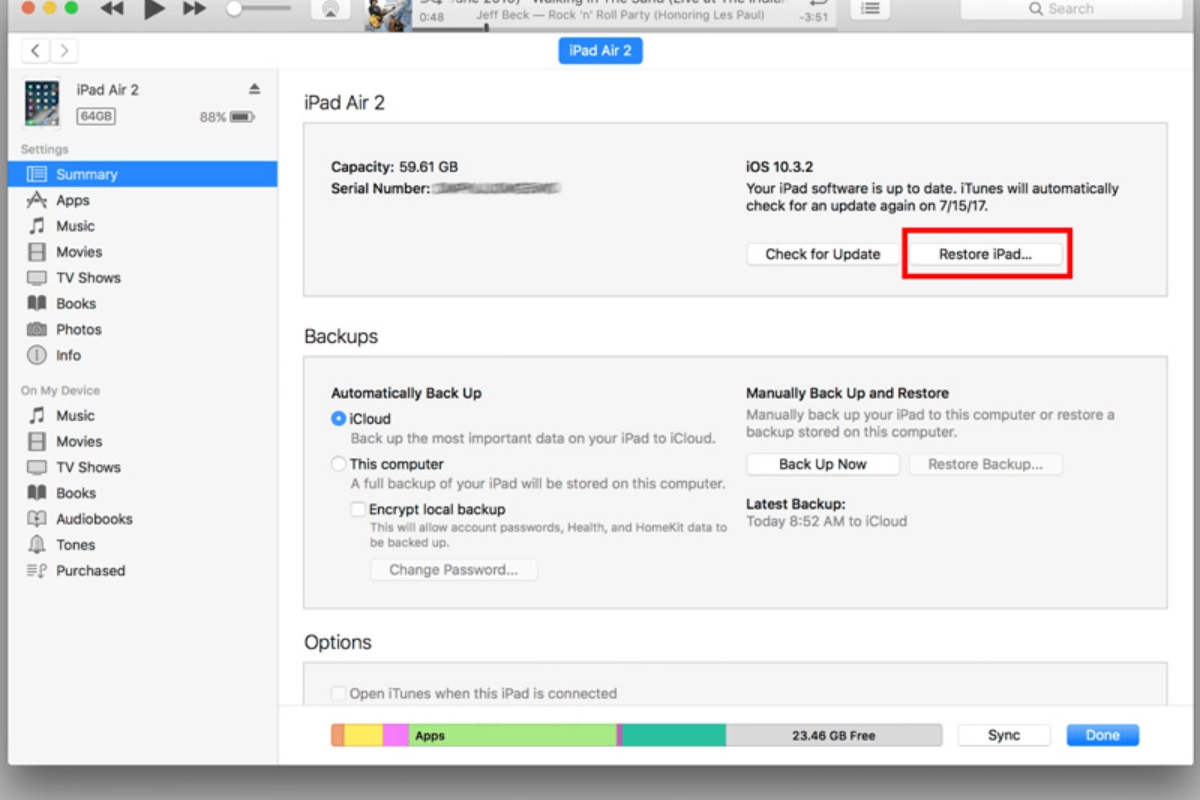 Khôi phục cài đặt gốc iPad bằng iTunes