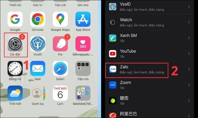 Mở Cài đặt rồi chọn ứng dụng Zalo