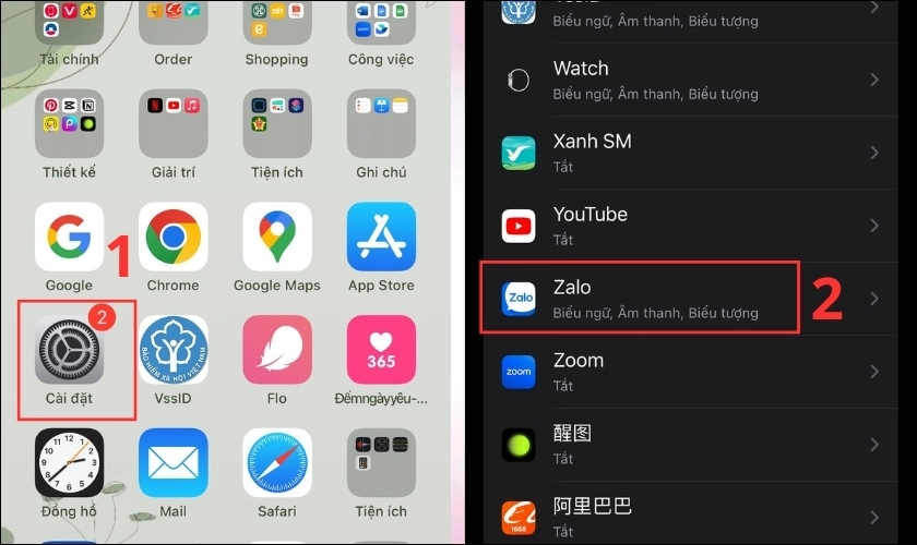Mở Cài đặt rồi chọn Zalo