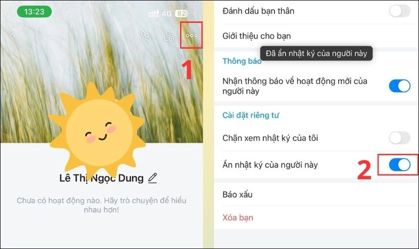 Kéo công tắc ẩn nhật ký sang bên phải