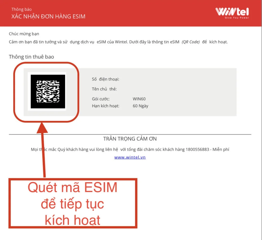 Quét mã esim để tiếp tục kích hoạt sim Wintel