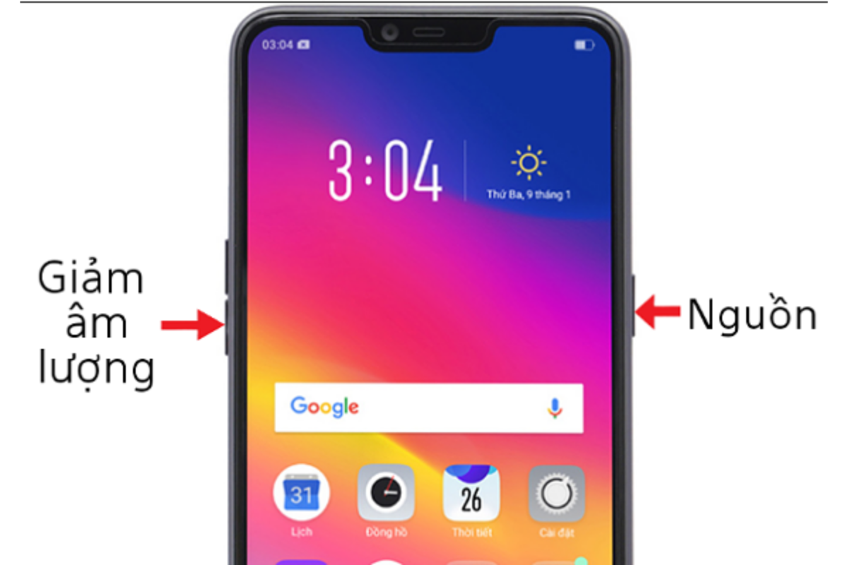  nhấn nút nguồn và nút âm lượng