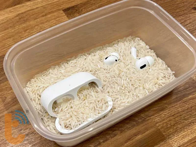 Đặt AirPods vào hộp chứa đựng gạo khô và đậy kín