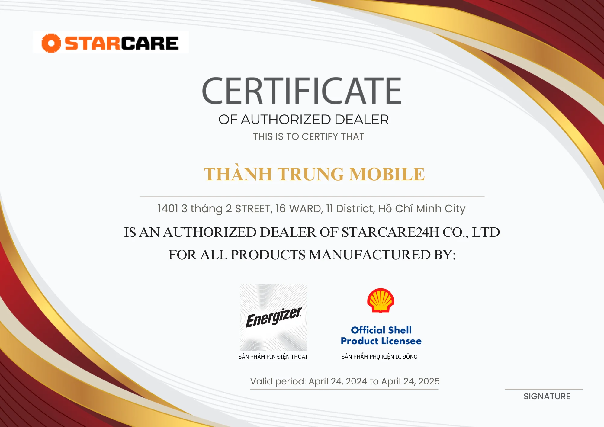 Chứng nhận thay pin Energizer chính hãng