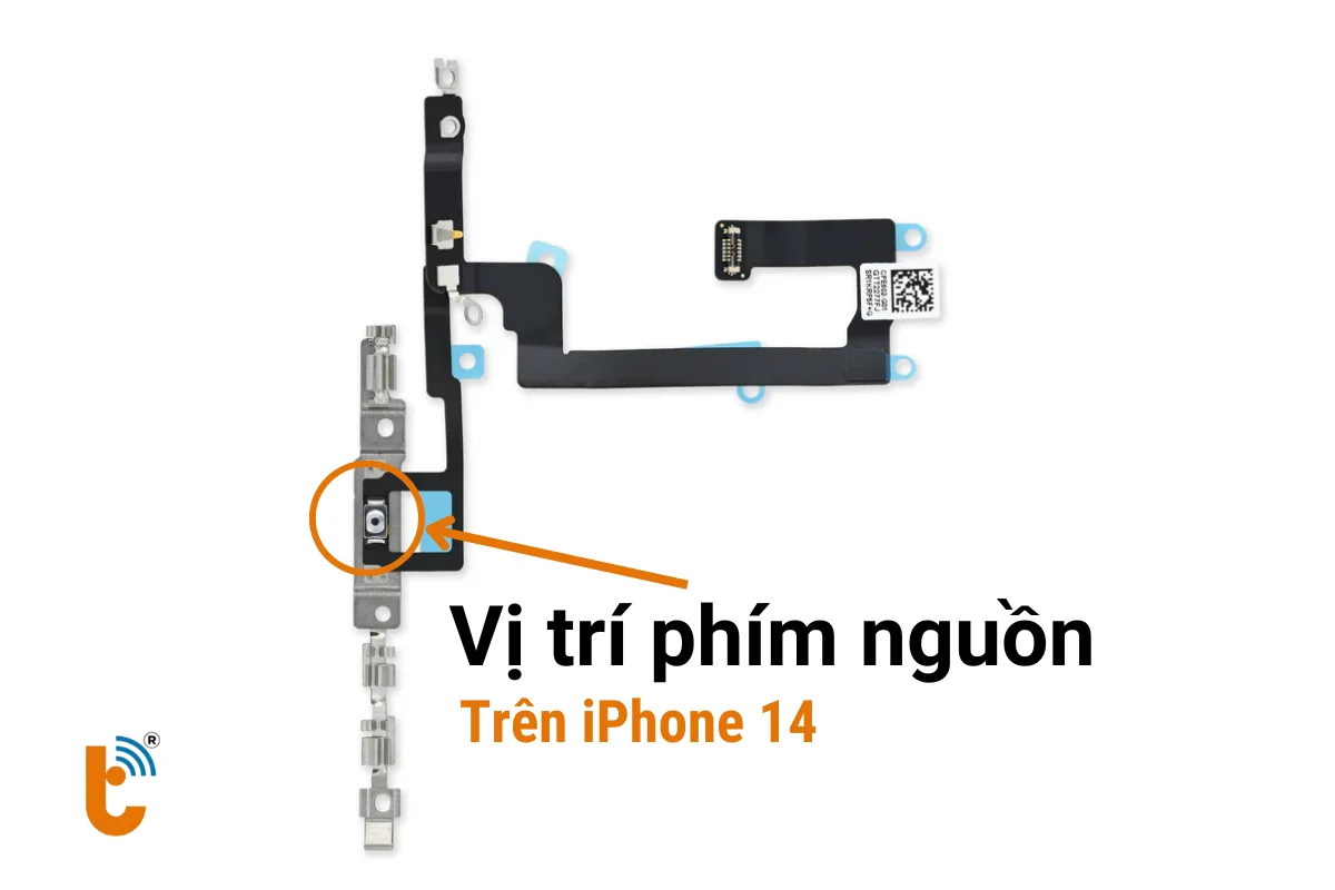 Dây cáp nguồn và vị trí phím nguồn trên iPhone 14