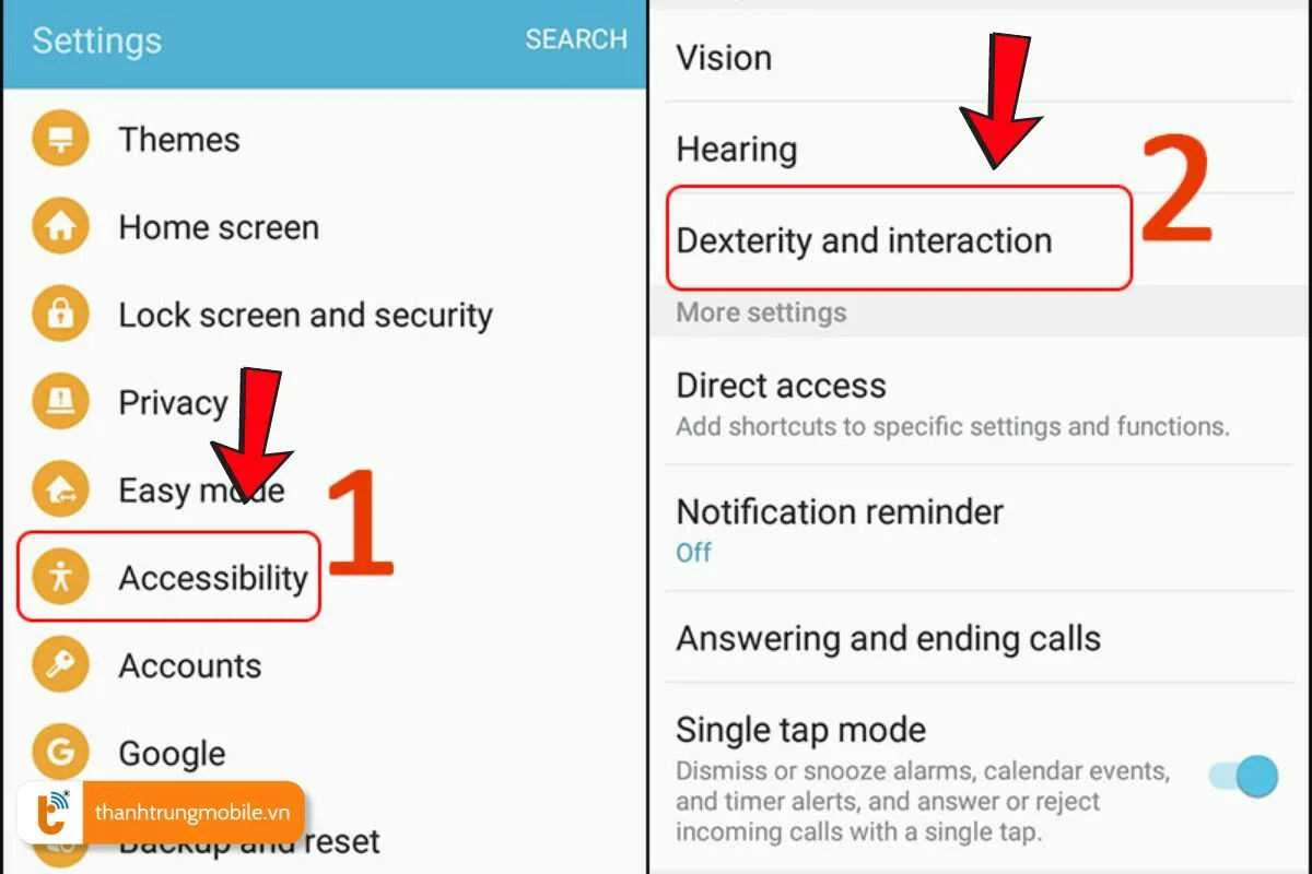 Truy cập Cài đặt > Khả năng tiếp cận > Tương tác và khéo léo