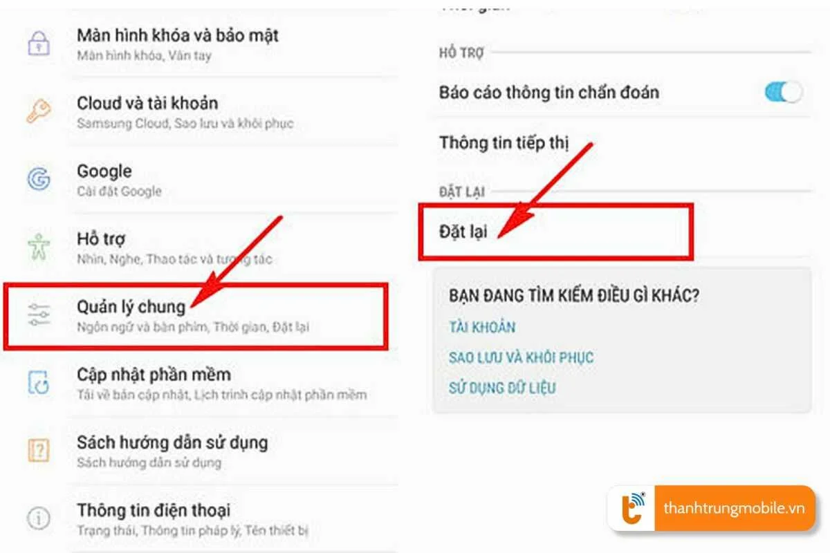 reset cai dat mang tren samsung