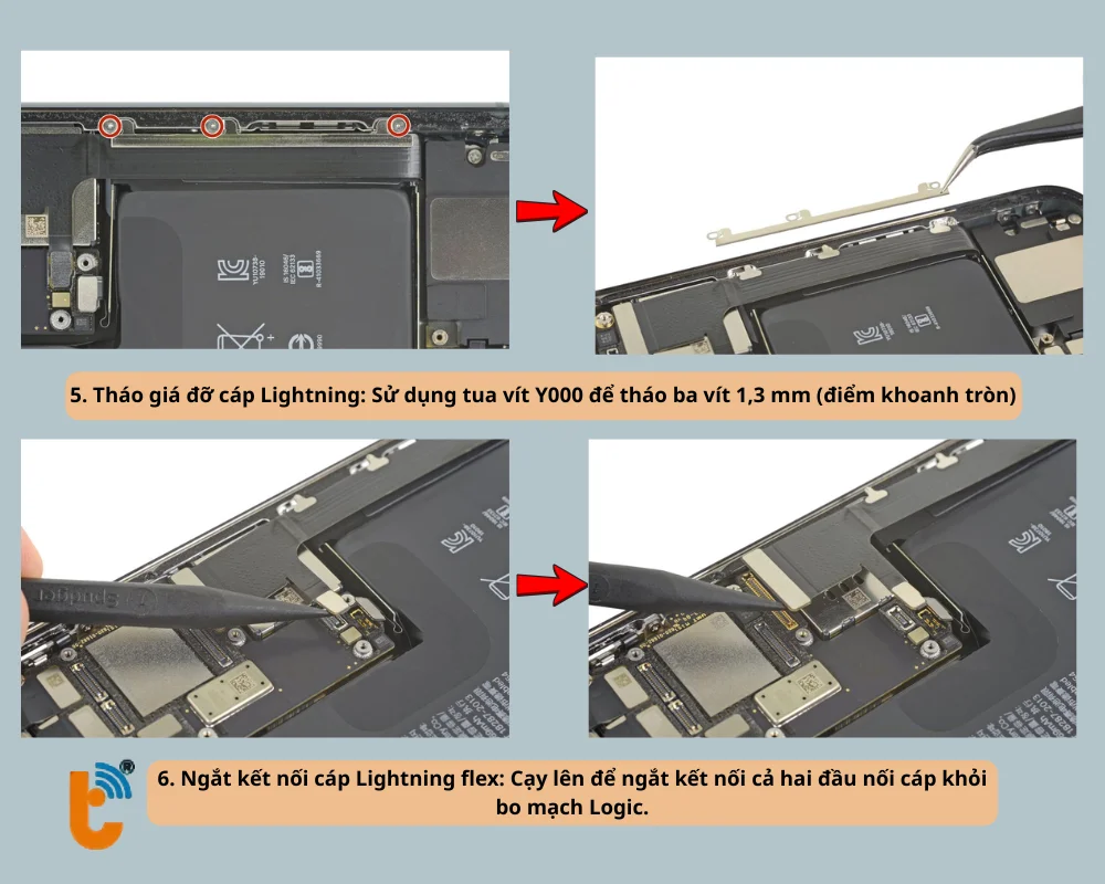 Tháo giá đỡ - Ngắt kết nối cáp Lightning flex