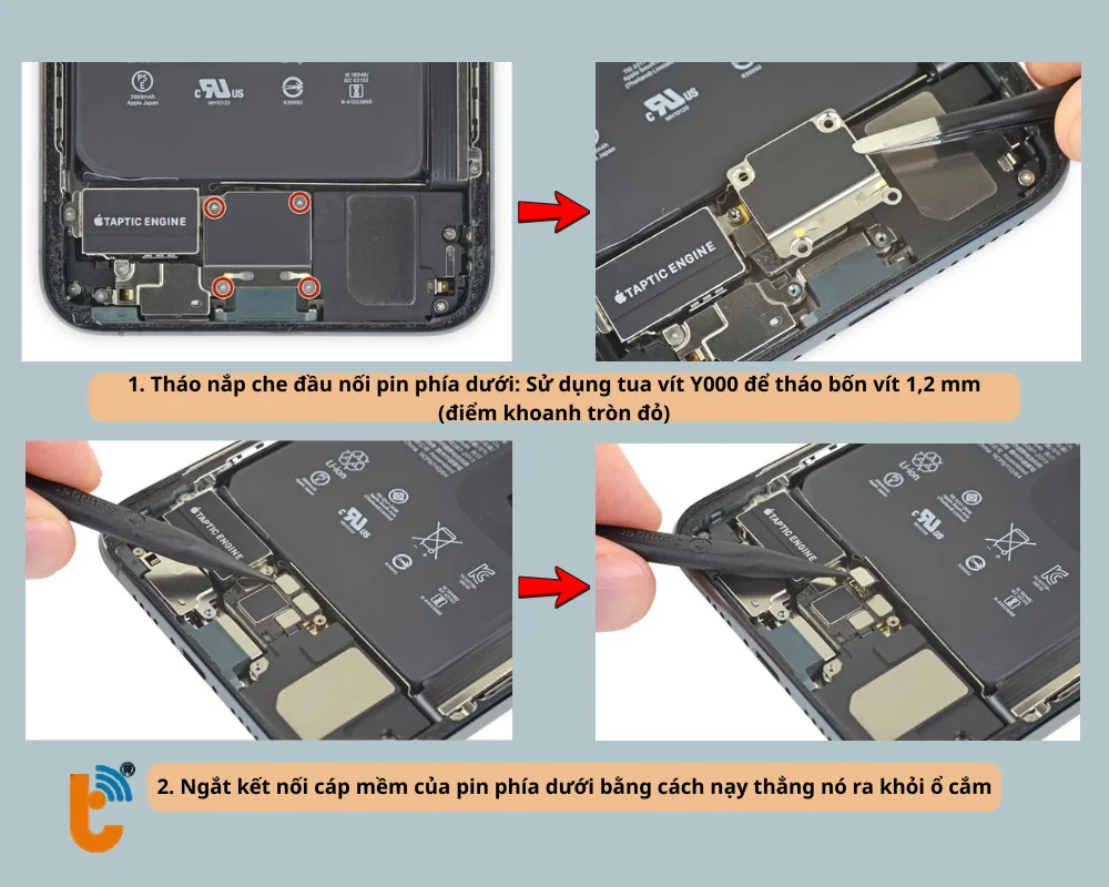 Tháo nắp che đầu nối pin phía dưới và ngắt kết nối