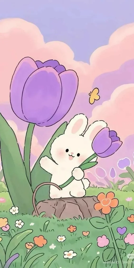 Hình nền thỏ bên hoa tulip cute