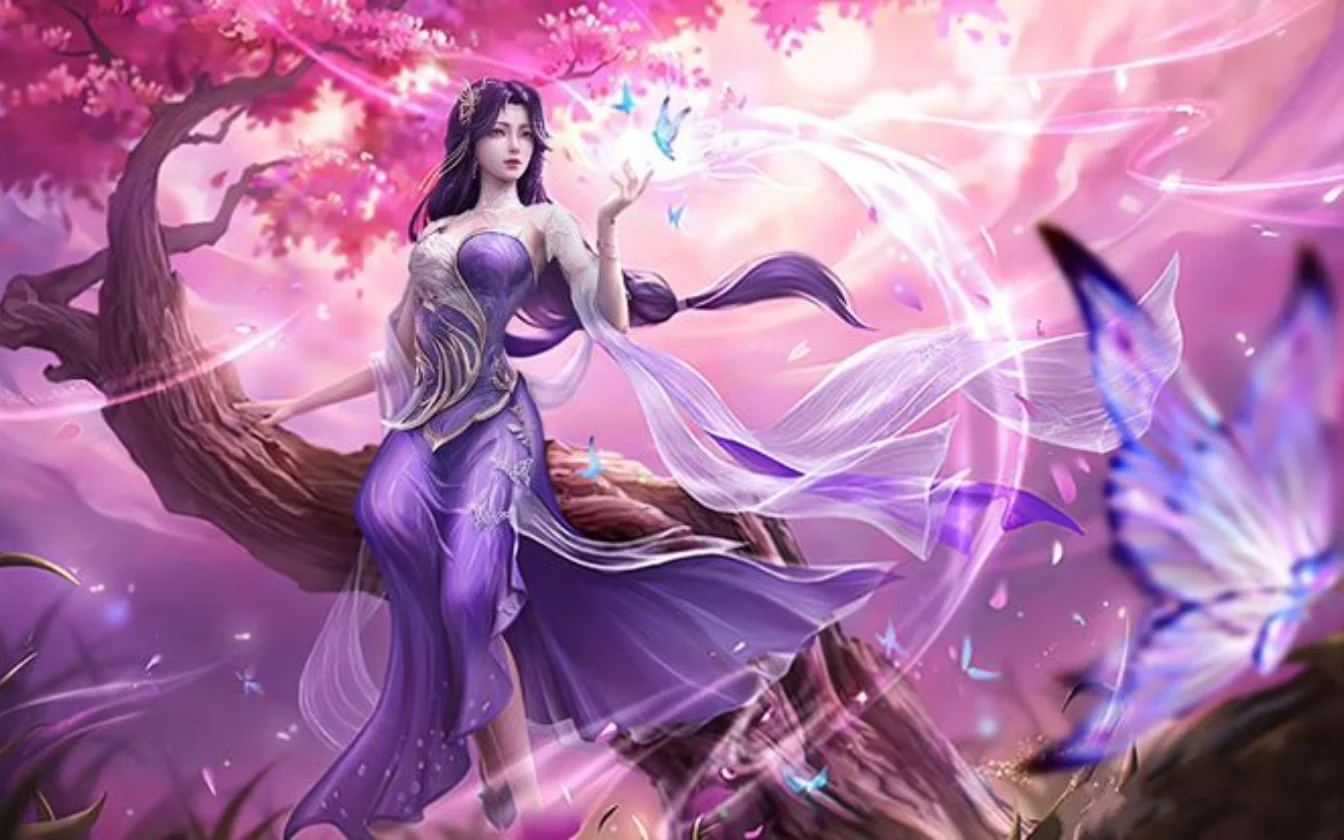 Tiên nữ áo tím điều khiển bươm bướm giữa rừng hoa đào huyền ảo
