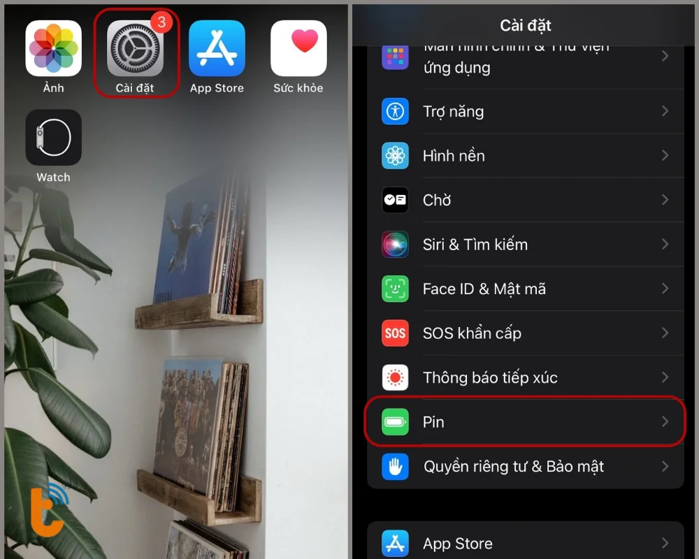 Truy cập Cài đặt trên iPhone > Chọn mục Pin