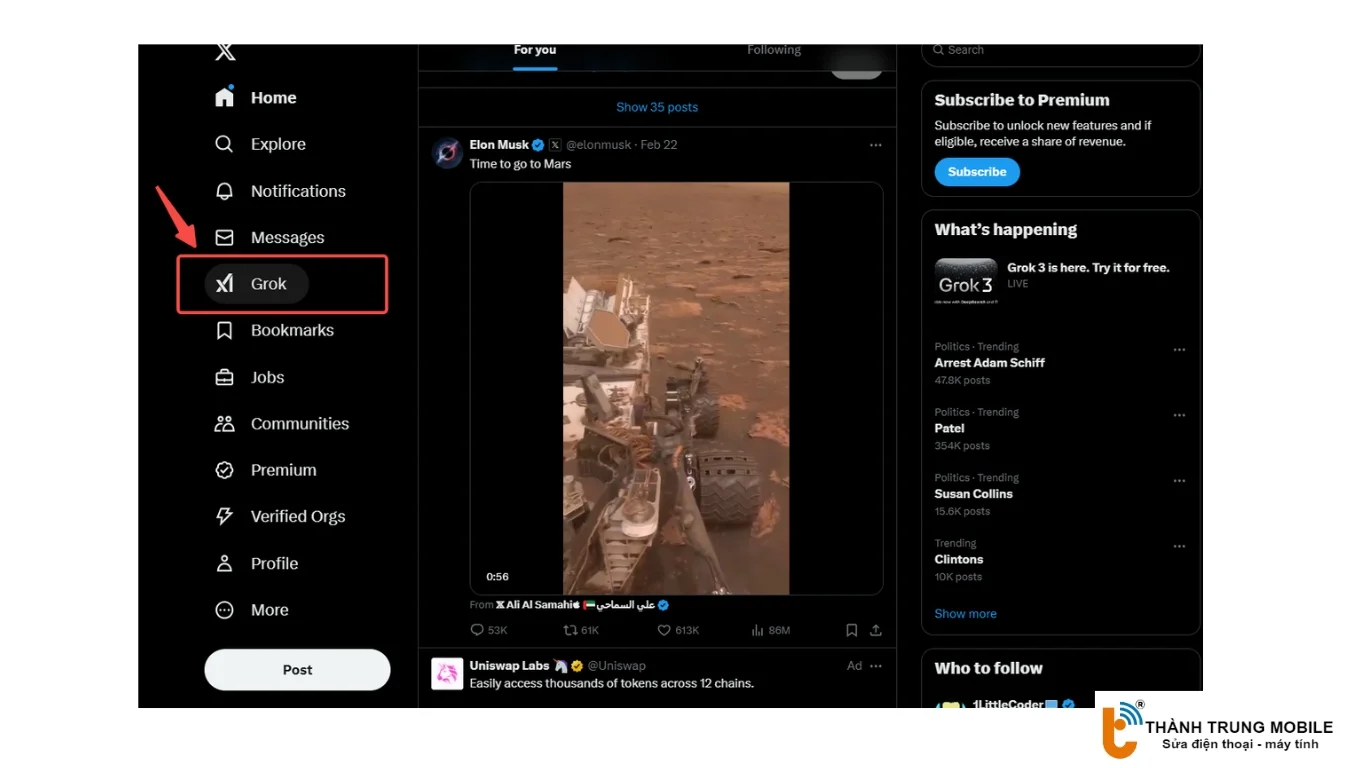 Truy cập Grok 3 qua thanh điều hướng của X