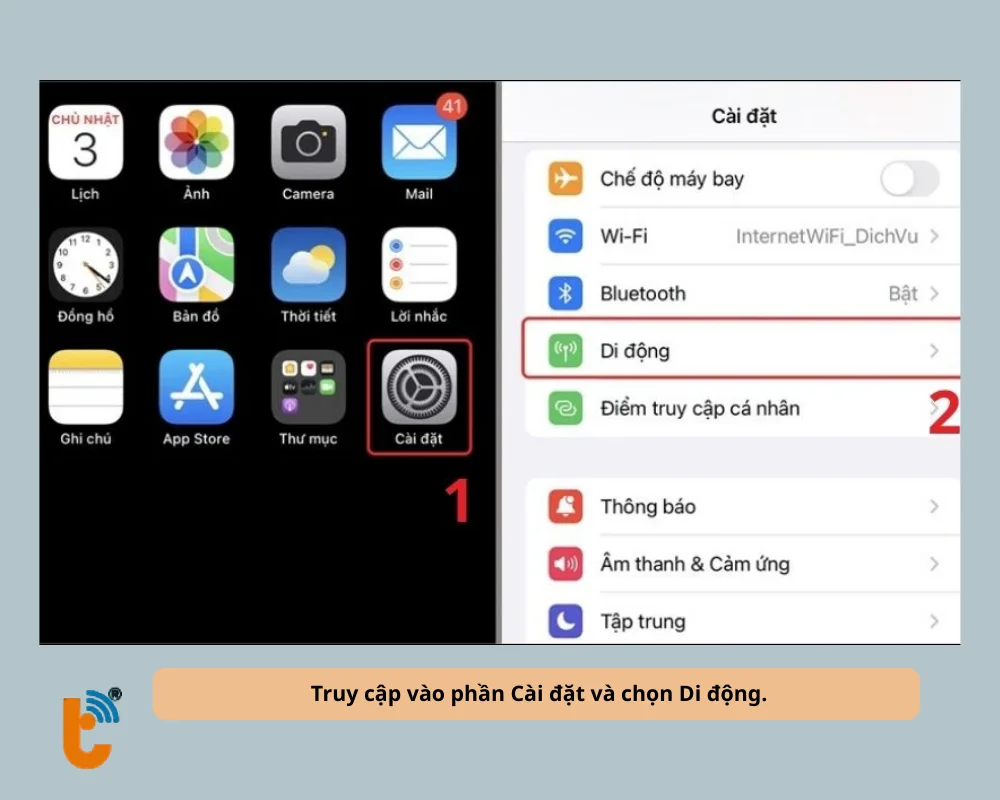 Truy cập vào phần Cài đặt và chọn Di động