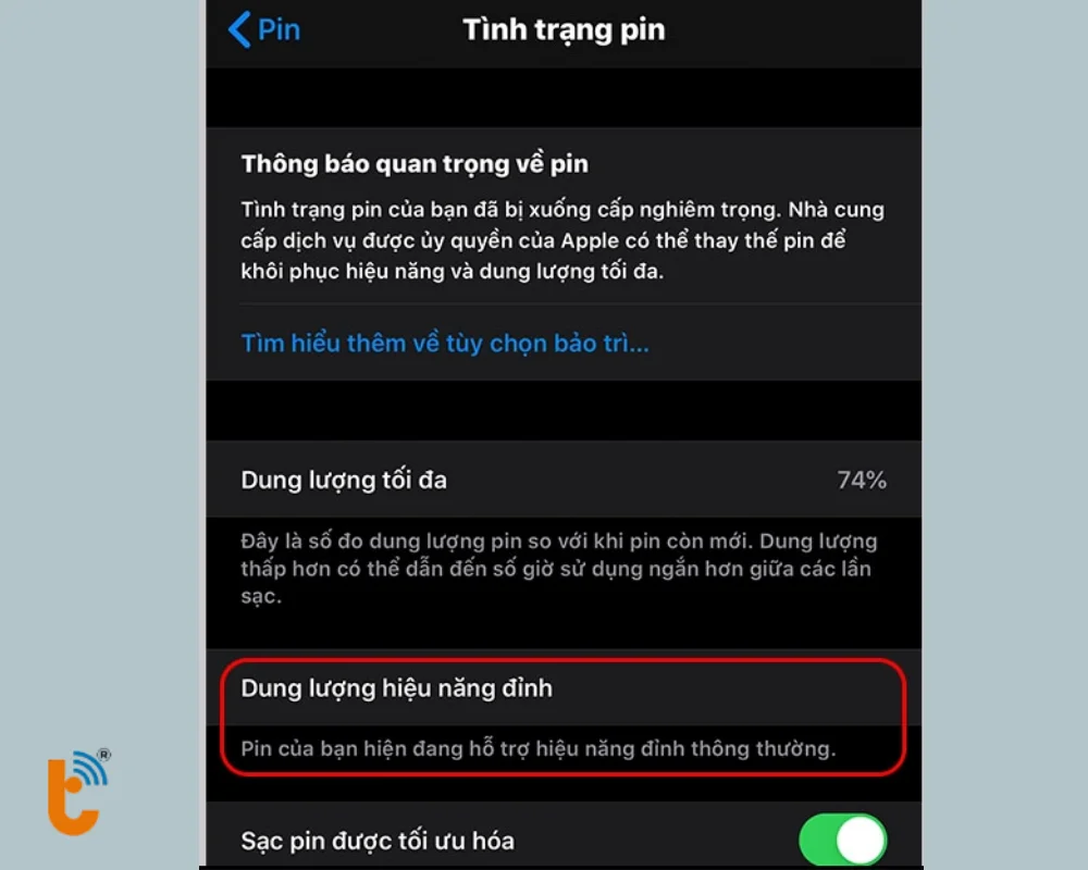 Tương tự bên dưới dung lượng pin sẽ có mục Hiệu năng đỉnh