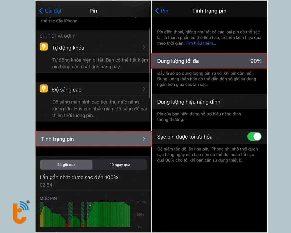 Vào Cài đặt - chọn Pin - chọn Tình trạng pin để xem Dung lượng tối đa