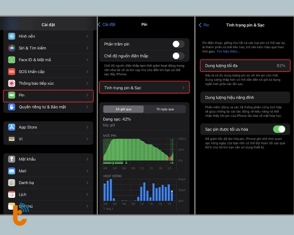 Vào Cài đặt - chọn Pin - chọn Tình trạng pin & sạc để xem Dung lượng tối đa