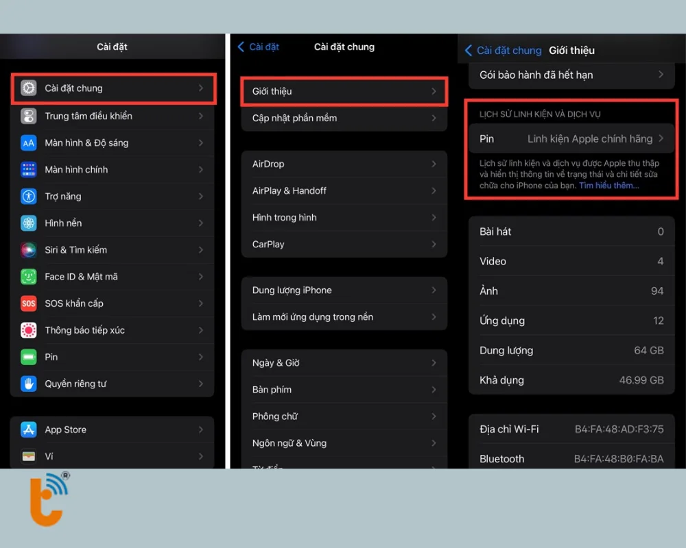 Vào Cài đặt chung - chọn Giới thiệu và xem Lịch sử linh kiện và dịch vụ
