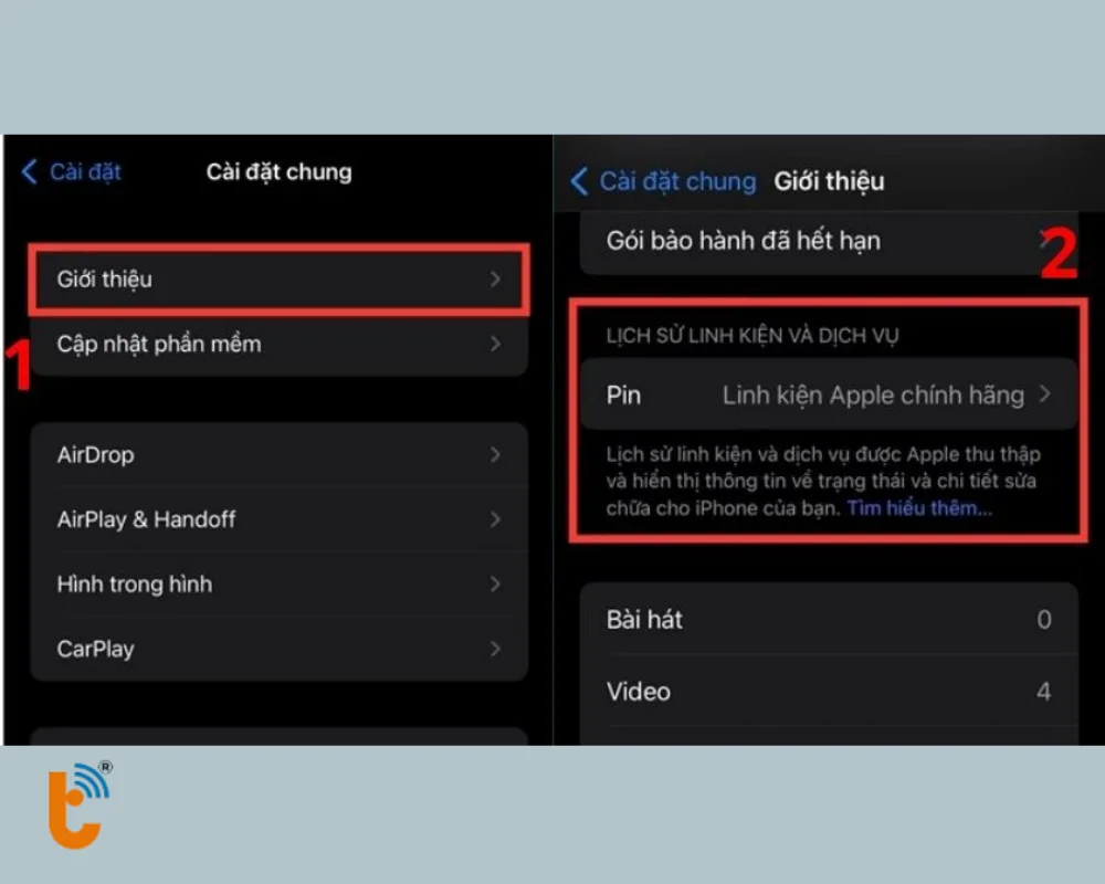 Vào cài đặt chung - chọn Giới thiệu và xem Lịch sử linh kiện và dịch vụ