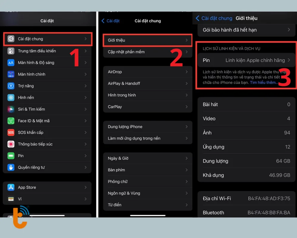 Vào Cài đặt chung > Giới thiệu để xem pin có chính hãng hay không