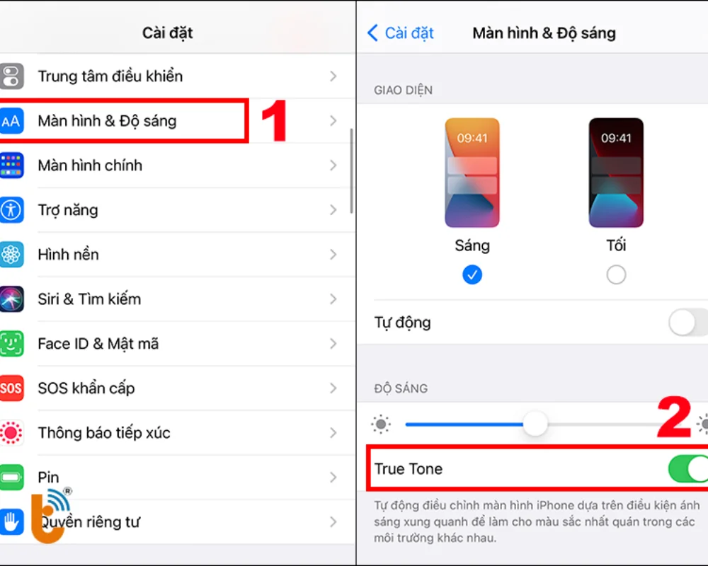 Vào Cài đặt để giảm độ sáng màn hình và tắt True Tone 