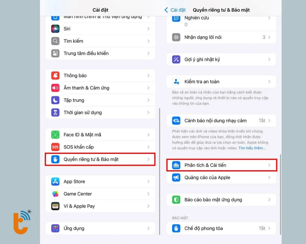 Vào Cài đặt > Quyền riêng tư > Phân tích & Cải tiến