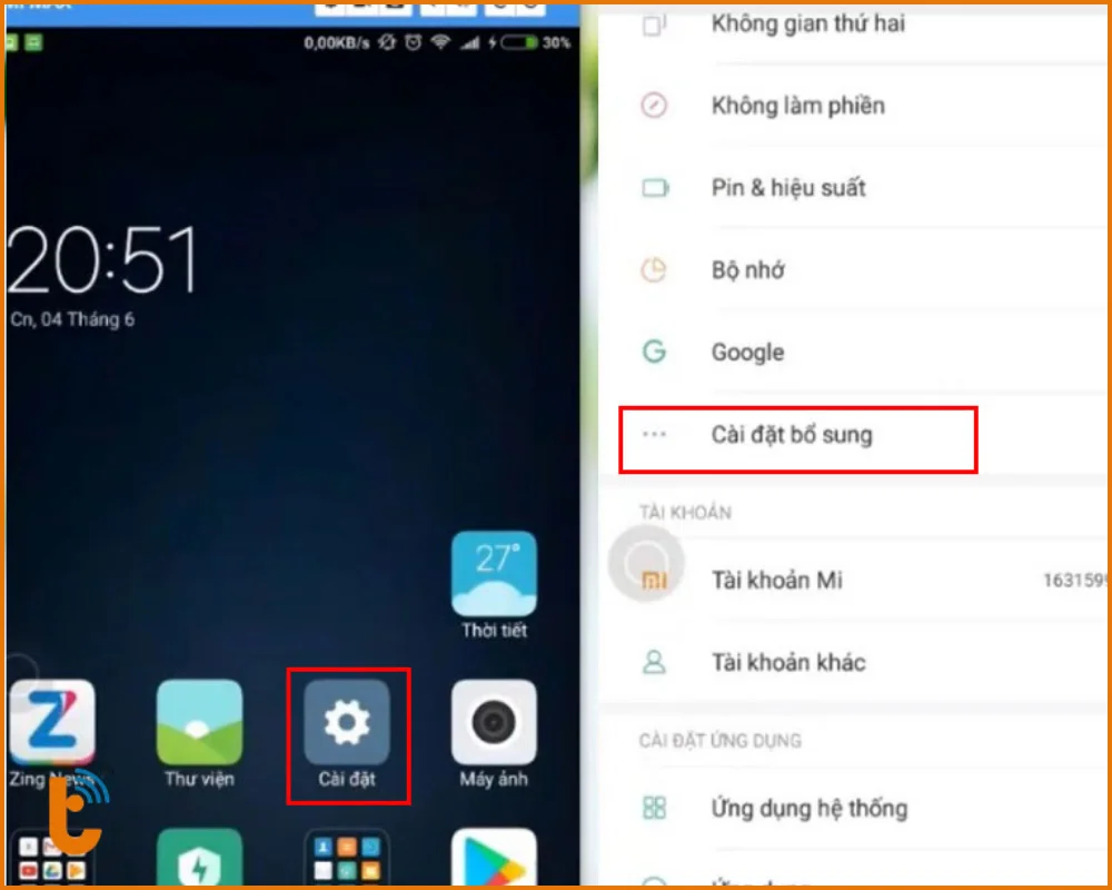 Vào Cài đặt và chọn Cài đặt bổ sung