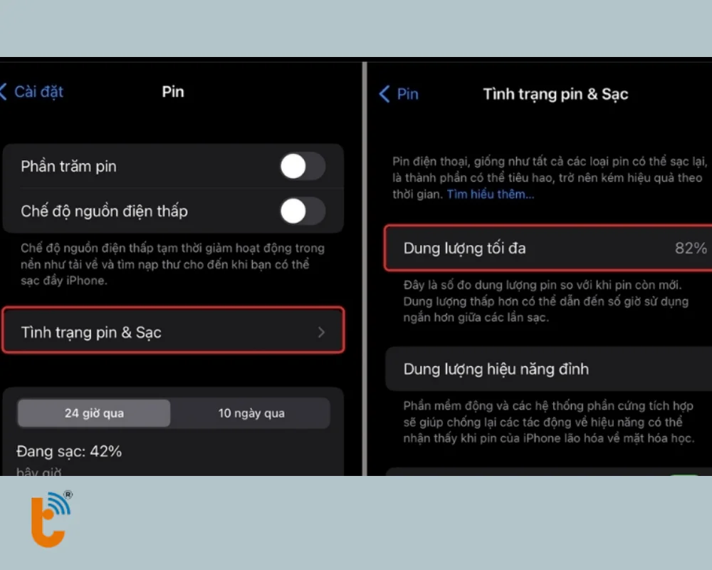 Vào pin để kiểm tra tình trạng pin trong cài đặt