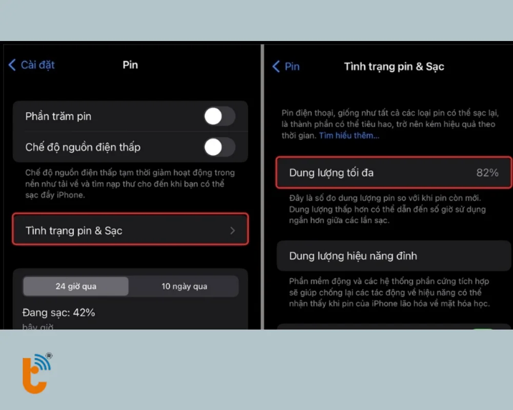 Vào pin để kiểm tra tình trạng pin trong cài đặt