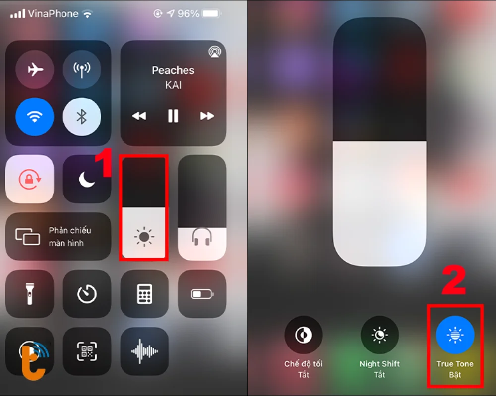 Vuốt Trung tâm điều khiển để giảm độ sáng màn hình iPhone 12 và tắt True Tone 